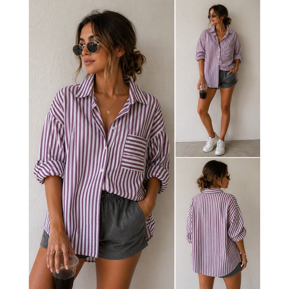 Jill purple and white striped cotton button-up oversized shirt patch pocket